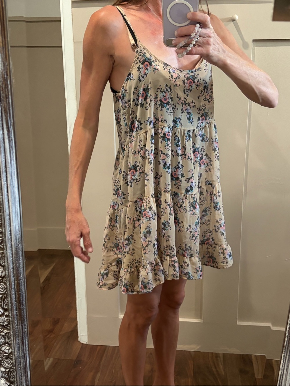 audrey Beige Floral Tiered Slip Mini Dress